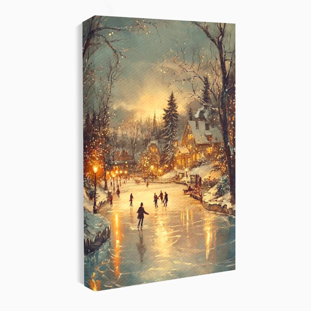Tablou canvas cu pictura cu patinatori pe gheata de iarna, fara rama, pe sasiu de lemn